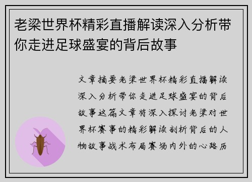老梁世界杯精彩直播解读深入分析带你走进足球盛宴的背后故事